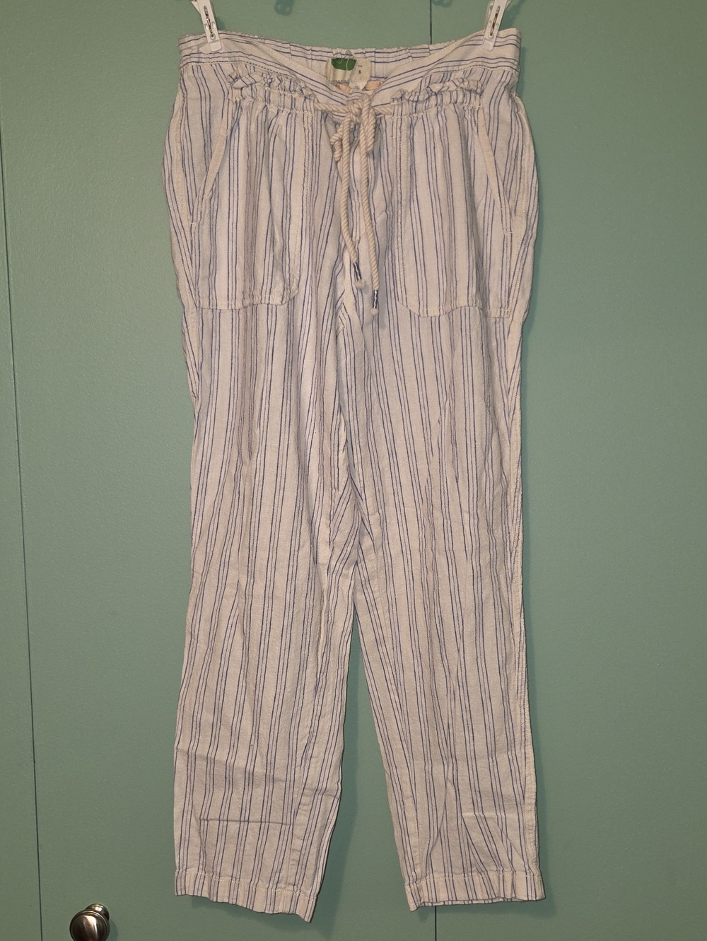 Anthropologie Linen Blend Striped White And Blue Pant Size Small